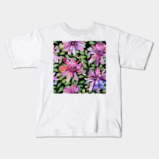 Tropical Magnolia Stellata flowers and leaves on black background. Fantasy watercolor botanical illustration. Exotic Star Magnolia flower blossom Kids T-Shirt